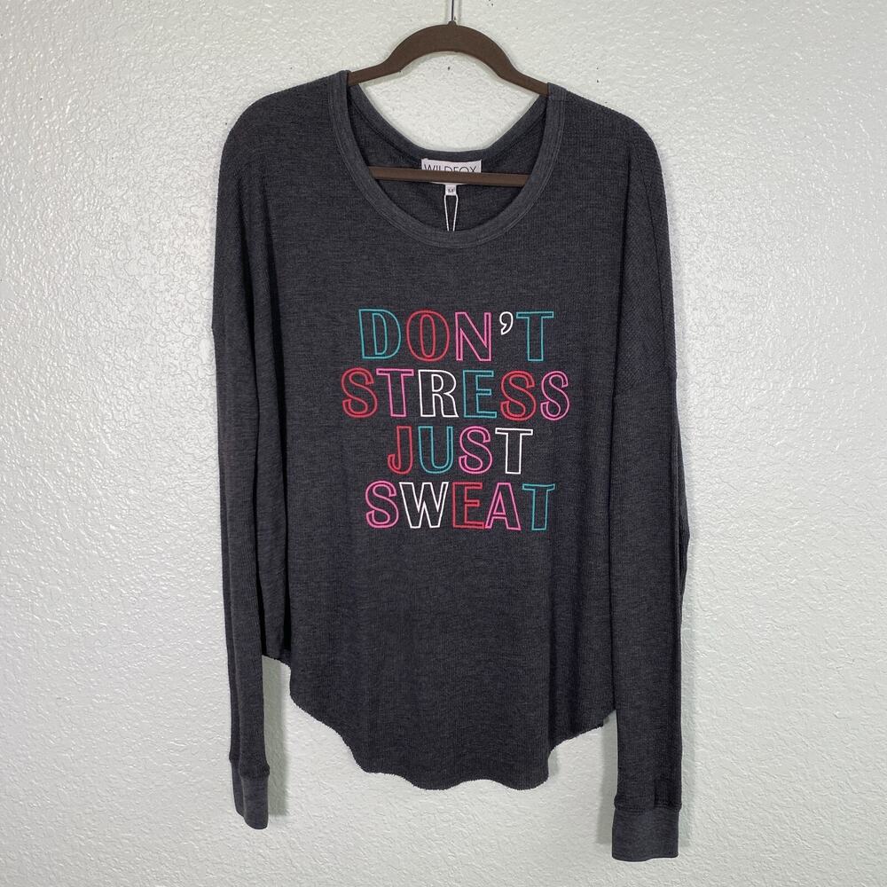 Wildfox Top Womens Medium Thermal Don't Stress Just Sweat Pullover Gym Run NEW
